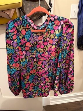 SHEIN Black Floral V-Neck Long Sleeve Blouse in Pink, Purple, Teal
